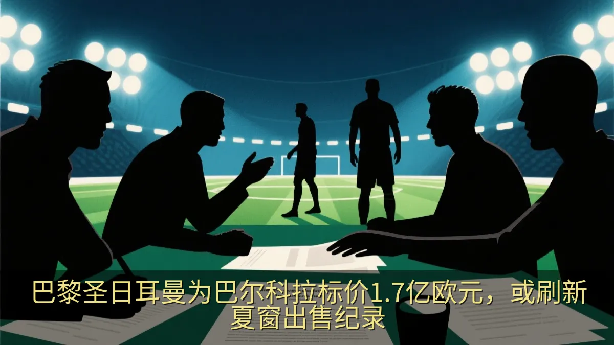 夜间足球场内的转会谈判概念画面,球员剪影与文件