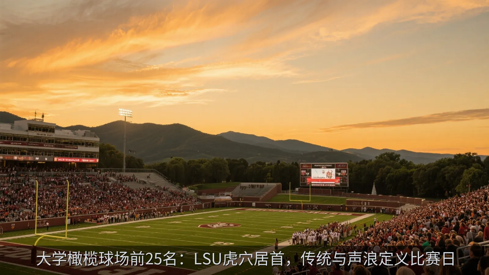 傍晚山景映衬下的传统大学橄榄球场和热闹看台